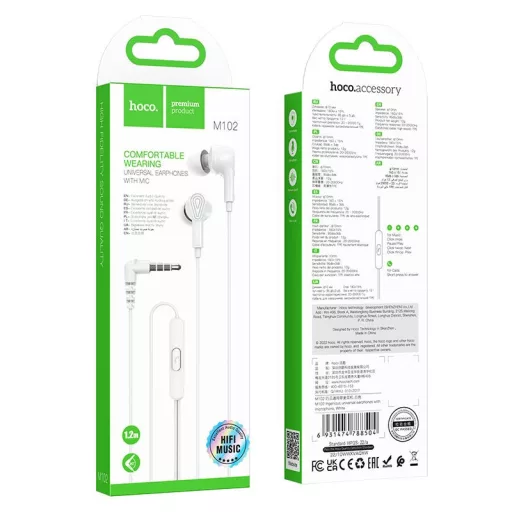 Hoco M102 vezetékes fülhallgató jack 3,5 mm fehér
