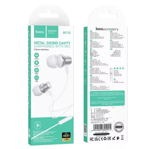 Hoco vezetékes fülhallgató 3,5 mm jack M110 ezüst