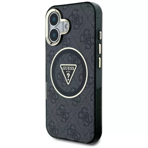 GUESS tok iPhone 16 Magsafe kompatibilis GUHMP16SHG4PRTGK (IML Metal Glitter 4G Circle Triangle) fekete
