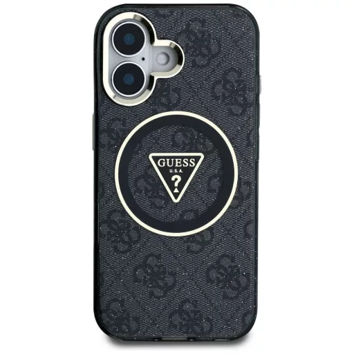 GUESS tok iPhone 16 Magsafe kompatibilis GUHMP16SHG4PRTGK (IML Metal Glitter 4G Circle Triangle) fekete