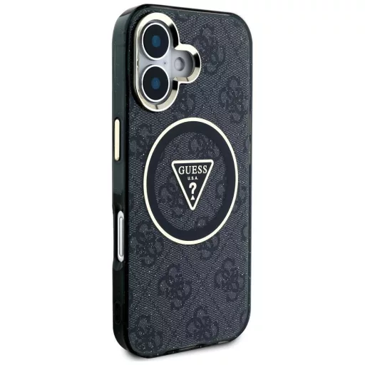 GUESS tok iPhone 16 Magsafe kompatibilis GUHMP16SHG4PRTGK (IML Metal Glitter 4G Circle Triangle) fekete