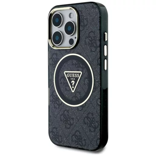 GUESS tok iPhone 16 Pro Magsafe kompatibilis GUHMP16LHG4PRTGK (IML Metal Glitter 4G Circle Triangle) Fekete