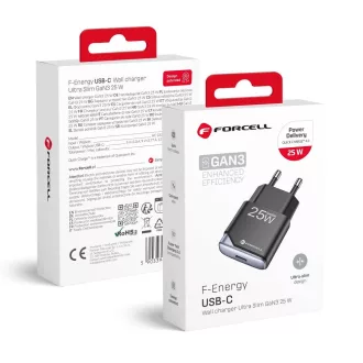   Forcell F-Energy hálózati töltő Ultra Slim GaN III USB-C PD QC4.0 3A 25W B125101-E fekete