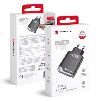   Forcell F-Energy hálózati töltő Ultra Slim GaN III 2×USB-C PD QC4.0 3A 45W B245201(2C) fekete