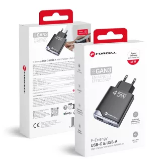   Forcell F-Energy hálózati töltő Ultra Slim GaN III USB-C + USB-A PD QC4.0 3A 45W B245202(1A1C) fekete