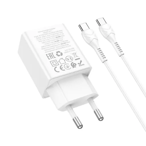 Hoco N71 hálózati töltő USB-A + USB-C QC3.0 PD AFC 3A 30W + USB-C - USB-C kábel fehér