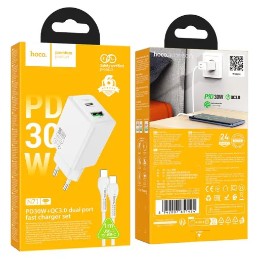 Hoco N71 hálózati töltő USB-A + USB-C QC3.0 PD AFC 3A 30W + USB-C - USB-C kábel fehér
