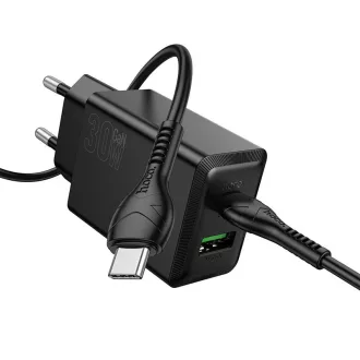   Hoco hálózati töltő USB-A + USB-C QC3.0 PD AFC 3A 30W + USB-C – USB-C kábel N71 fekete