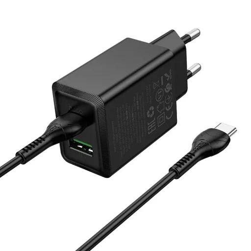 Hoco hálózati töltő USB-A + USB-C QC3.0 PD AFC 3A 30W + USB-C – USB-C kábel N71 fekete