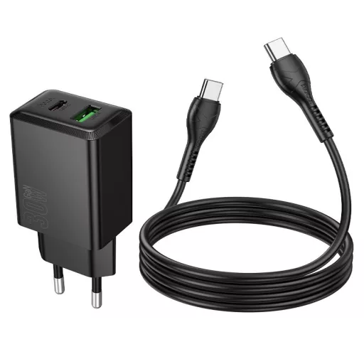 Hoco hálózati töltő USB-A + USB-C QC3.0 PD AFC 3A 30W + USB-C – USB-C kábel N71 fekete