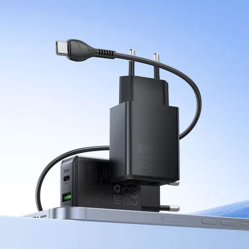 Hoco hálózati töltő USB-A + USB-C QC3.0 PD AFC 3A 30W + USB-C – USB-C kábel N71 fekete