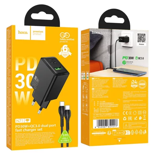 Hoco hálózati töltő USB-A + USB-C QC3.0 PD AFC 3A 30W + USB-C – USB-C kábel N71 fekete