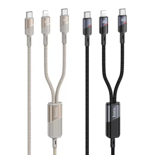 Hoco U139 2 az 1-ben USB-C töltőkábel (USB-C – USB-C + Lightning) 5A 100W 1,2 m arany
