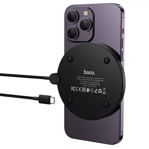 Hoco vezeték nélküli töltő USB-C kábellel és digitális kijelzővel 15W CW62 fekete