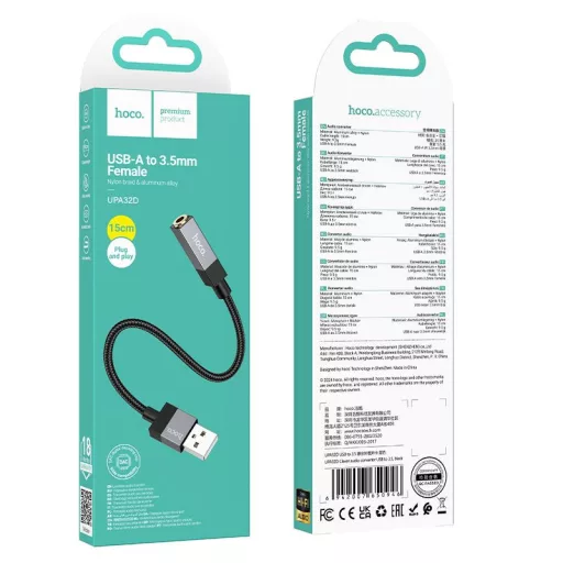 USB-A (apa) – 3,5 mm jack (anya) AUX adapter Hoco UPA32D fekete
