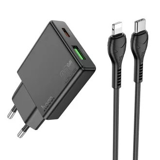   Hoco Slim hálózati töltő USB-A + USB-C QC3.0 PD 3A 20W + USB-C – Lightning kábel N38 fekete