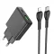 Hoco Slim hálózati töltő USB-A + USB-C QC3.0 PD 3A 20W + USB-C – Lightning kábel N38 fekete