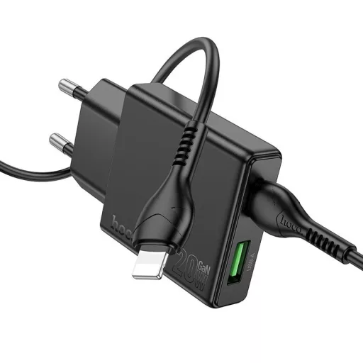 Hoco Slim hálózati töltő USB-A + USB-C QC3.0 PD 3A 20W + USB-C – Lightning kábel N38 fekete