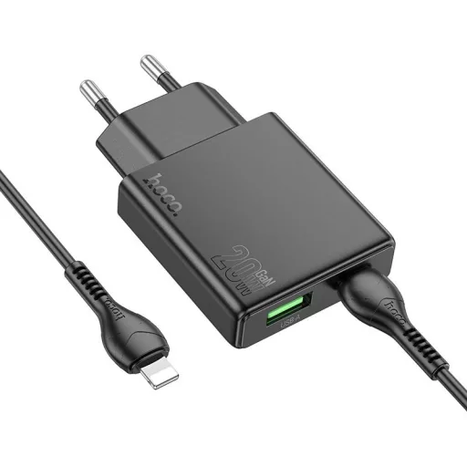 Hoco Slim hálózati töltő USB-A + USB-C QC3.0 PD 3A 20W + USB-C – Lightning kábel N38 fekete