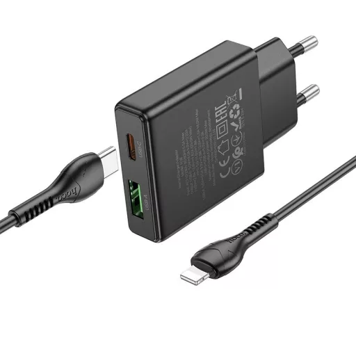 Hoco Slim hálózati töltő USB-A + USB-C QC3.0 PD 3A 20W + USB-C – Lightning kábel N38 fekete