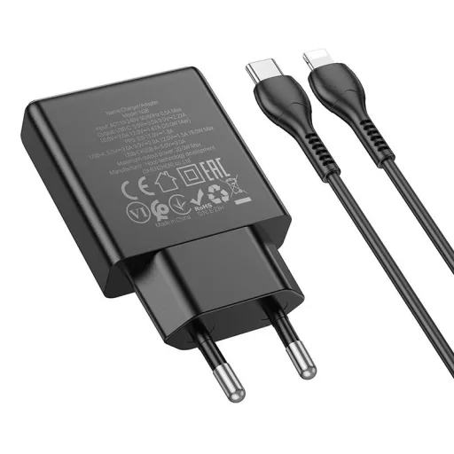 Hoco Slim hálózati töltő USB-A + USB-C QC3.0 PD 3A 20W + USB-C – Lightning kábel N38 fekete