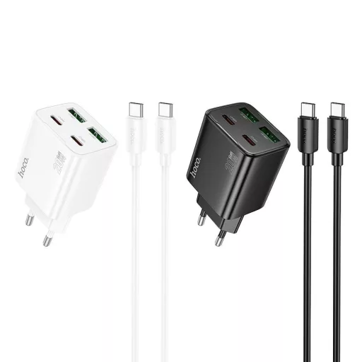 Hoco hálózati töltő 2×USB-C + 2×USB-A QC3.0 PD 3A 20W + USB-C – USB-C kábel N55 fehér