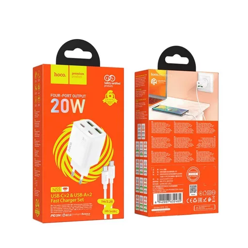 Hoco hálózati töltő 2×USB-C + 2×USB-A QC3.0 PD 3A 20W + USB-C – USB-C kábel N55 fehér