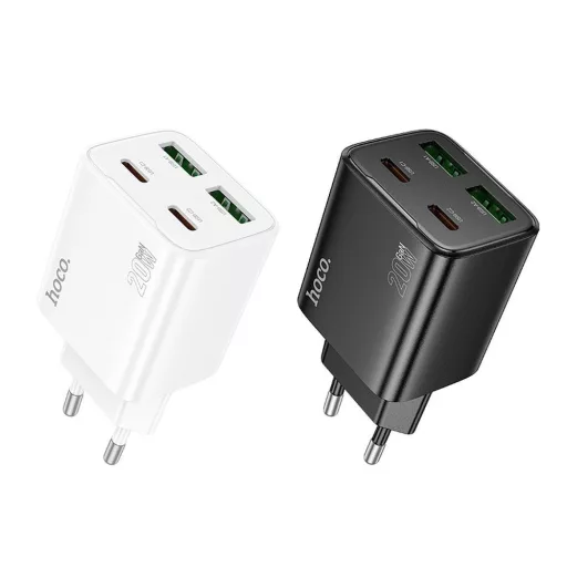 Hoco hálózati töltő 2×USB-C + 2×USB-A QC3.0 PD 3A 20W N55 fekete