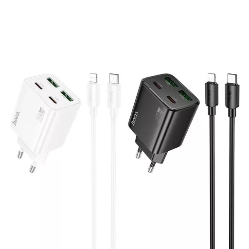 Hoco hálózati töltő 2×USB-C + 2×USB-A QC3.0 PD 3A 20W + USB-C – Lightning kábel N55 fehér