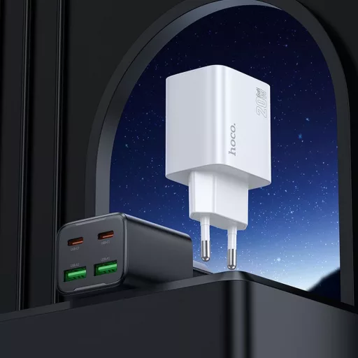 Hoco hálózati töltő 2×USB-C + 2×USB-A QC3.0 PD 3A 20W + USB-C – Lightning kábel N55 fehér
