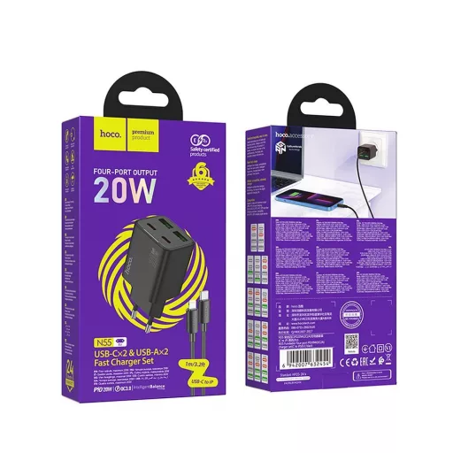 Hoco hálózati töltő 2×USB-C + 2×USB-A QC3.0 PD 3A 20W + USB-C – Lightning kábel N55 fekete
