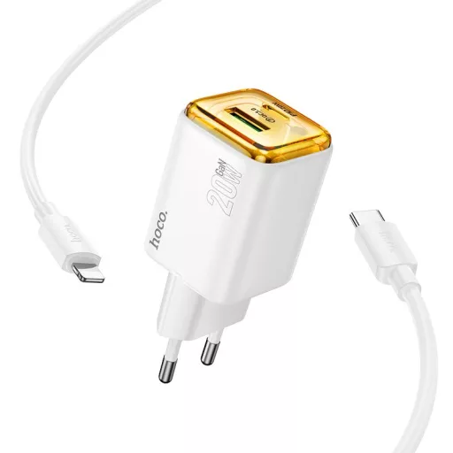 Hoco hálózati töltő USB-A + USB-C QC3.0 PD 3A 20W + USB-C – Lightning kábel N52 fehér