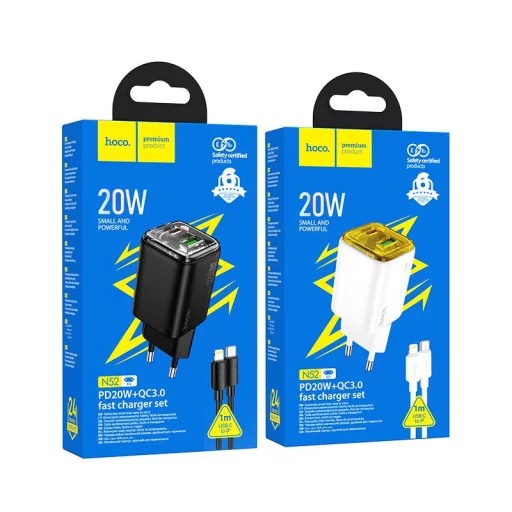 Hoco hálózati töltő USB-A + USB-C QC3.0 PD 3A 20W + USB-C – Lightning kábel N52 fehér