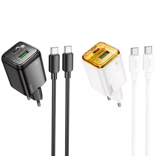 Hoco hálózati töltő USB-A + USB-C QC3.0 PD 3A 20W + USB-C – USB-C kábel N52 fehér