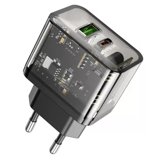   Hoco hálózati töltő USB-A + USB-C QC3.0 PD 3A 20W N34 átlátszó