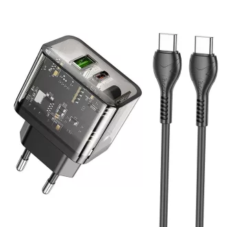   Hoco hálózati töltő USB-A + USB-C QC3.0 PD 3A 20W + USB-C – USB-C kábel N34 átlátszó