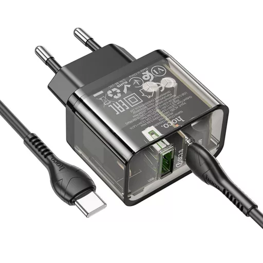 Hoco hálózati töltő USB-A + USB-C QC3.0 PD 3A 20W + USB-C – USB-C kábel N34 átlátszó