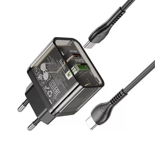 Hoco hálózati töltő USB-A + USB-C QC3.0 PD 3A 20W + USB-C – USB-C kábel N34 átlátszó