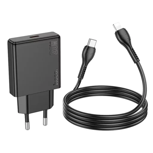 Hoco Slim hálózati töltő USB-C QC PD 20W + USB-C – Lightning kábel N37 fekete