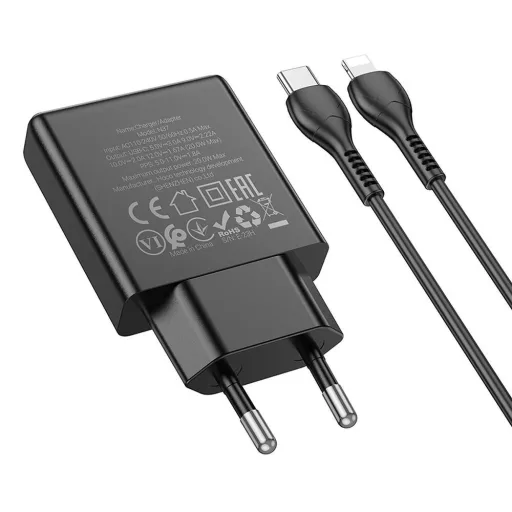 Hoco Slim hálózati töltő USB-C QC PD 20W + USB-C – Lightning kábel N37 fekete
