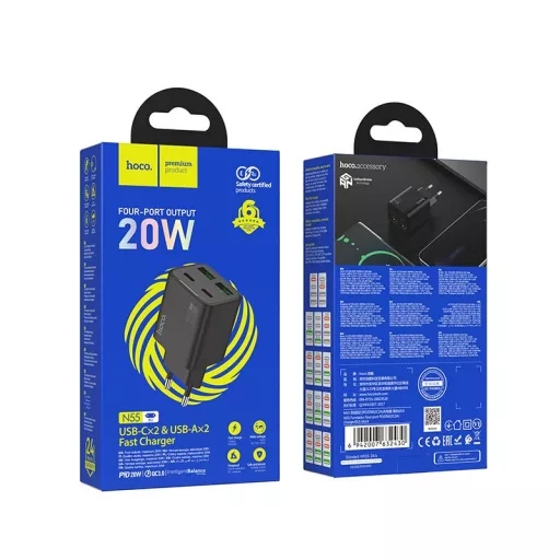 Hoco hálózati töltő 2×USB-C + 2×USB-A QC3.0 PD 3A 30W N56 fehér