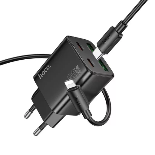 Hoco hálózati töltő 2×USB-C + 2×USB-A QC3.0 PD 3A 30W + USB-C – Lightning kábel N56 fekete