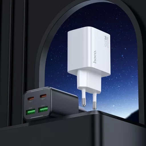 Hoco hálózati töltő 2×USB-C + 2×USB-A QC3.0 PD 3A 30W + USB-C – Lightning kábel N56 fekete