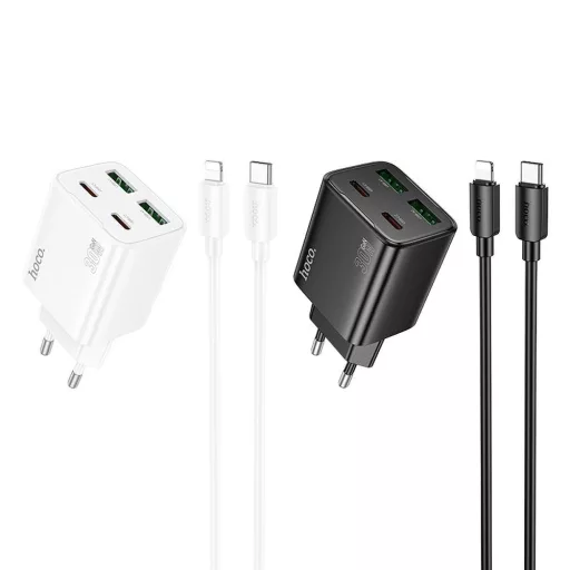 Hoco hálózati töltő 2×USB-C + 2×USB-A QC3.0 PD 3A 30W + USB-C – Lightning kábel N56 fehér