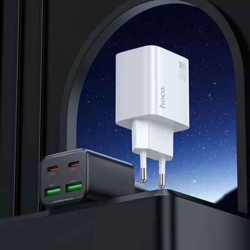 Hoco hálózati töltő 2×USB-C + 2×USB-A QC3.0 PD 3A 30W + USB-C – Lightning kábel N56 fehér
