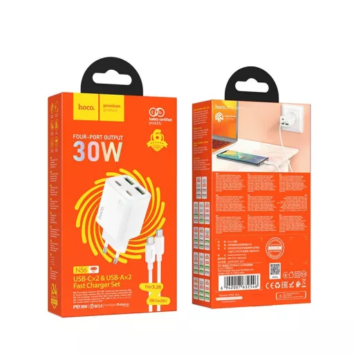 Hoco hálózati töltő 2×USB-C + 2×USB-A QC3.0 PD 3A 30W + USB-C – USB-C kábel N56 fehér