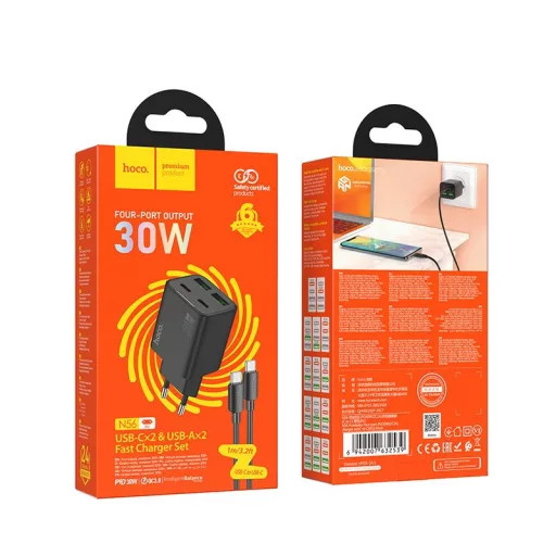 Hoco hálózati töltő 2×USB-C + 2×USB-A QC3.0 PD 3A 30W + USB-C – USB-C kábel N56 fekete