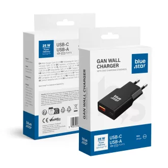   Blue Star Slim GaN hálózati töltő USB-C + USB-A QC4.0 PD 3A 25W TFK-SC-25WAC fekete