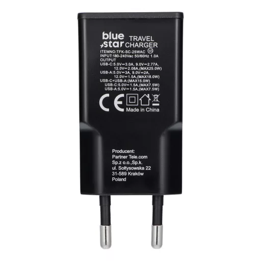 Blue Star Slim GaN hálózati töltő USB-C + USB-A QC4.0 PD 3A 25W TFK-SC-25WAC fekete