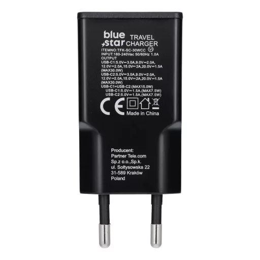 Blue Star Slim GaN hálózati töltő 2×USB-C QC4.0 PD 3A 30W TFK-SC-30WCC fekete